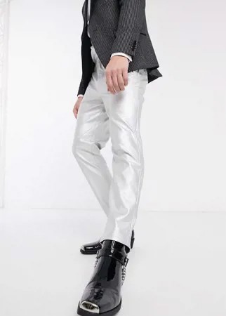 Суженные книзу брюки из искусственной кожи серебристого цвета ASOS DESIGN-Серебряный