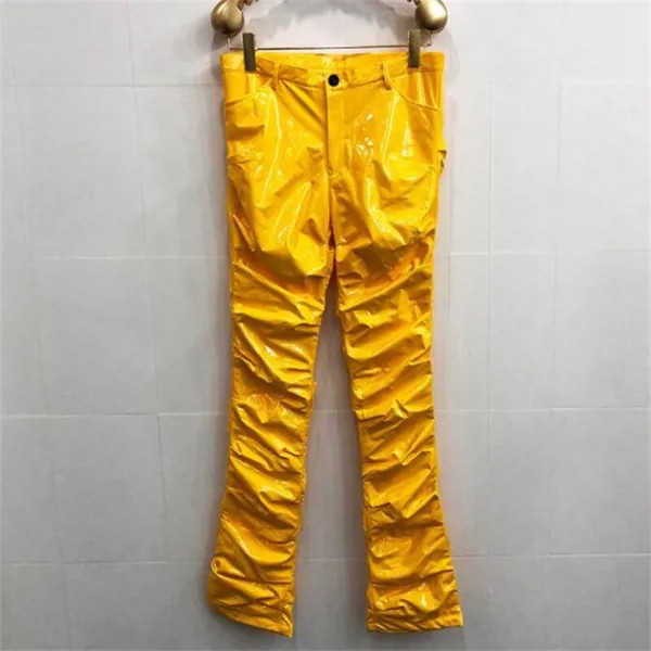 Осенние новые мужские кожаные брюки, брюки, зеркальные узкие плиссированные роговые сексуальные танцевальные модели для ночного клуба, костюм, мужские брюки желтого и синего цвета