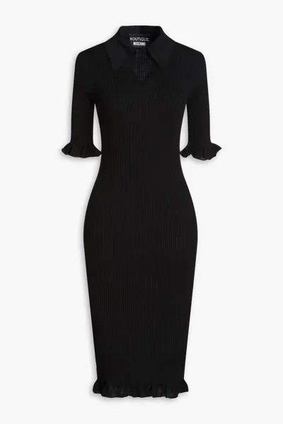 Платье миди из шерсти в рубчик с оборками Boutique Moschino, черный
