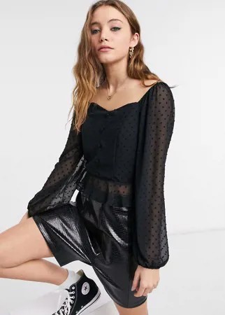 Черная шифоновая блузка из ткани добби с квадратным вырезом New Look-Черный цвет