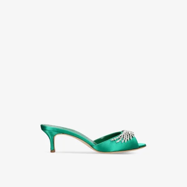 Атласные туфли-мюли lumada 50 на каблуке, украшенные кристаллами Manolo Blahnik, зеленый