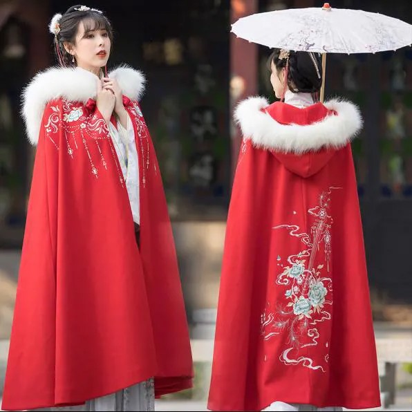 Винтажные китайские часы Hanfu для женщин в старинном стиле, зимние толстые часы, накидка с капюшоном и вышивкой кролика, длина 110 см