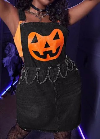 Размера плюс Джинсовое платье на хэллоуин с принтом тыквы с цепочкой с необработанной отделкой