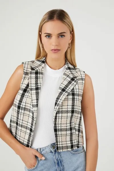Твидовый клетчатый жилет с открытым передом Forever 21, черный