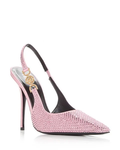 Женские туфли-лодочки с открытой пяткой и острым носком с украшением Versace, цвет Pink