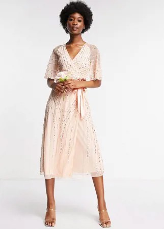 Жемчужно-розовое платье миди с декором Frock and Frill Bridesmaids-Розовый цвет