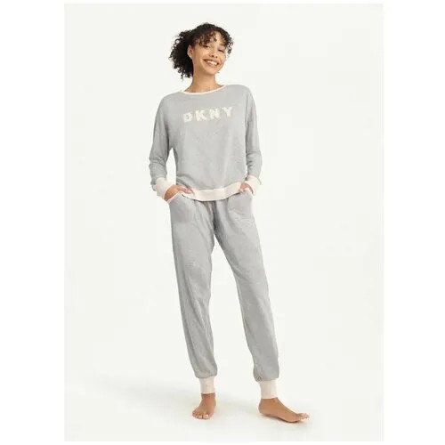 Пижама DKNY, свитшот, брюки, длинный рукав, трикотажная, размер S, серый