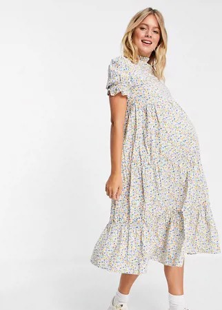 Чайное платье миди из хлопкового поплина с цветочным принтом Influence Maternity-Многоцветный