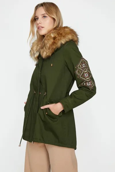 Женское зеленое пальто с капюшоном из искусственного меха Koton, зеленый