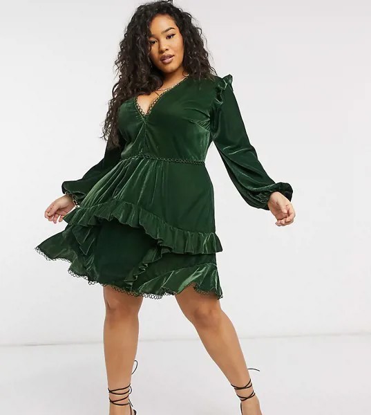 Бархатное платье мини с декоративной отделкой ASOS DESIGN Curve-Зеленый цвет