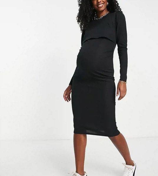 Черное платье миди в рубчик для кормящих мам Missguided Maternity-Черный