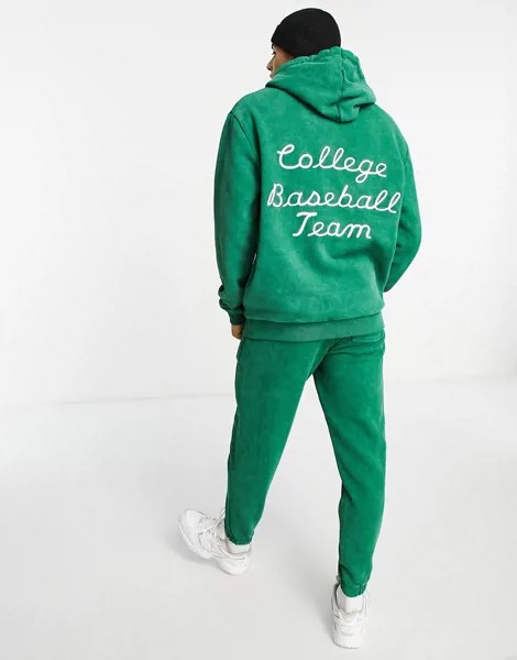 Oversized-худи зеленого выбеленного цвета в винтажном стиле с университетской вышивкой на спине (от комплекта) ASOS DESIGN-Зеленый цвет