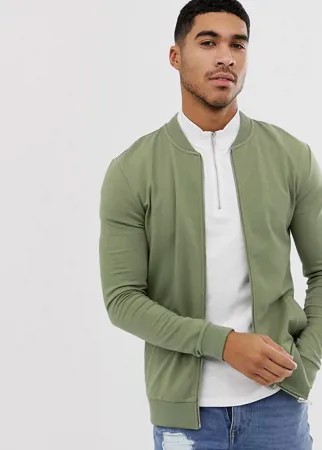 Обтягивающий трикотажный бомбер цвета хаки ASOS DESIGN-Зеленый