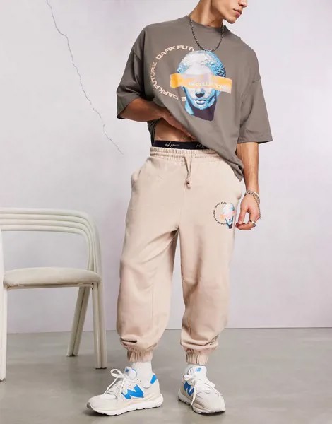 Бежевые oversized-джоггеры с графическим принтом и логотипом ASOS Dark Future-Светло-бежевый цвет