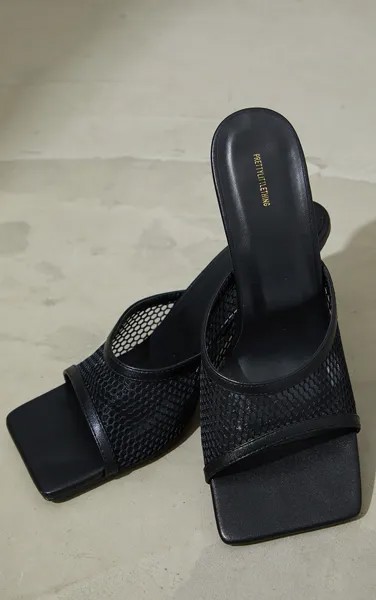 PrettyLittleThing Черные туфли-лодочки из искусственной кожи с квадратным носком в сеточку на низком каблуке
