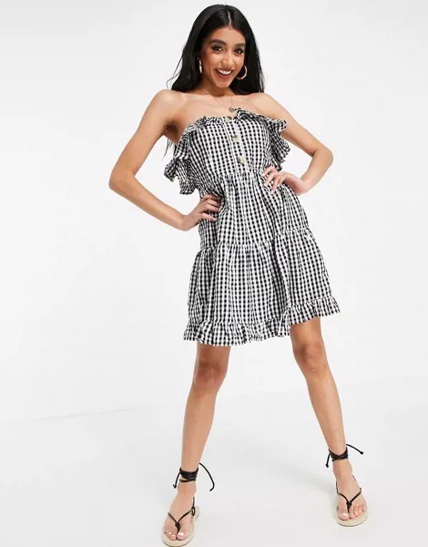 Черно-белый ярусный сарафан мини в клетку с лифом-бандо ASOS DESIGN-Многоцветный
