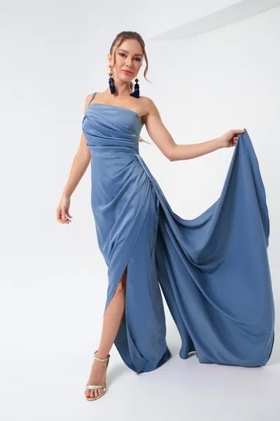 Женское атласное вечернее платье и выпускное платье цвета индиго на одно плечо Lafaba, синий