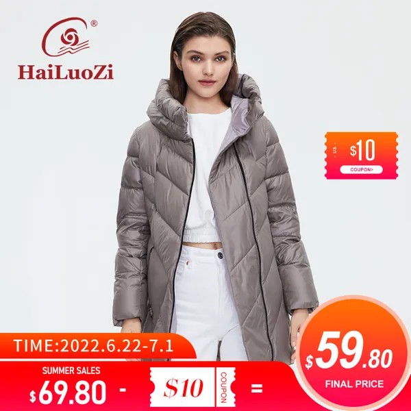 HaiLuoZi Новинка 2022, женское короткое пальто с высоким воротником, зимняя куртка с капюшоном, модная женская парка с Диагональной молнией, Класс...