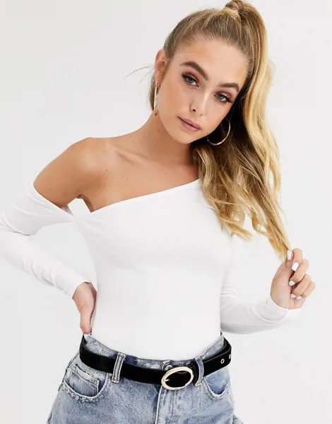 Белое боди на одно плечо с длинными рукавами ASOS DESIGN-Белый