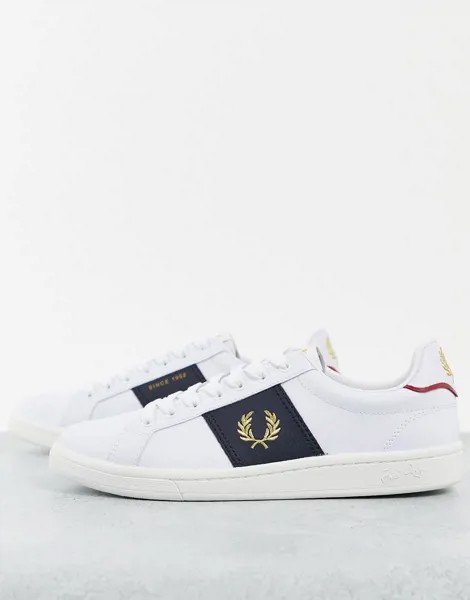 Белые кожаные кроссовки с темно-синей боковой вставкой Fred Perry B721-Белый