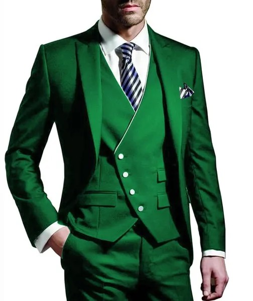 Мужской классический костюм из трех предметов, облегающий смокинг для жениха, Свадебный, выпускной костюм, пиджак под заказ, зеленый пиджак, брюки, жилет, 2019