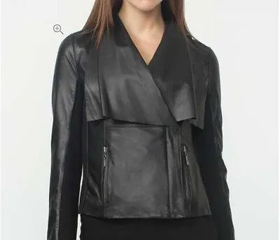 Женская черная мягкая овечья кожа, настоящая стильная кожаная куртка с драпированным воротником