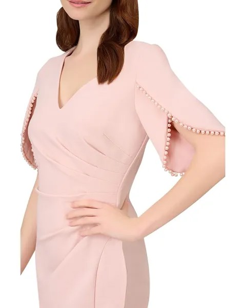 Платье Adrianna Papell Stretch Crepe Side Ruched Dress with Pearl Trim Sleeve Detail, цвет Mellow Blush