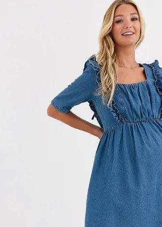 Синее джинсовое свободное платье с квадратным вырезом и оборками ASOS DESIGN Maternity-Синий