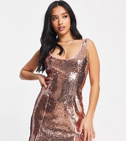 Платье мини с пайетками и овальным вырезом ASOS DESIGN Petite-Розовый цвет