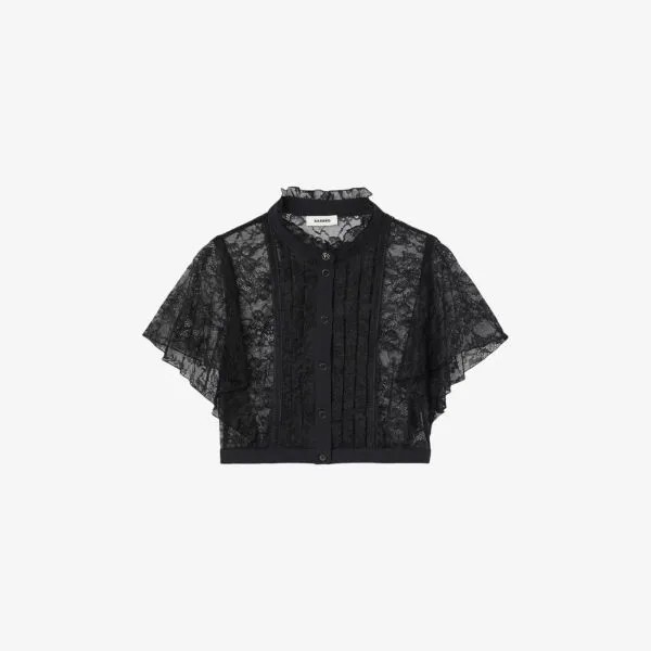 Укороченная рубашка из тканого материала с высоким воротником и кружевной вышивкой Sandro, цвет noir / gris