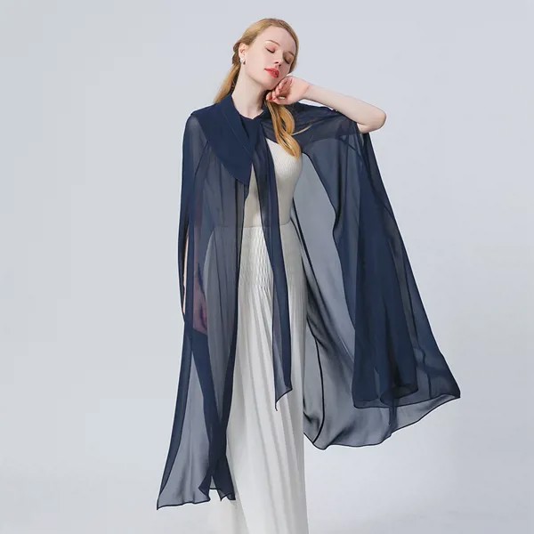 Женский плащ с оборками, темно-синий тренчкот из шелка Жоржетта на пуговицах, асимметричный дизайн, модель FE155
