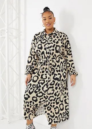 Платье-рубашка миди с леопардовым принтом ASOS DESIGN Curve-Коричневый цвет