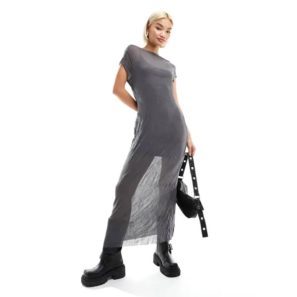 Платье Collusion Crinkle Mesh Cap Sleeve Maxi, серый