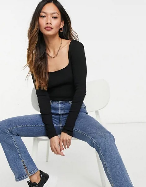 Черный лонгслив с квадратным вырезом River Island