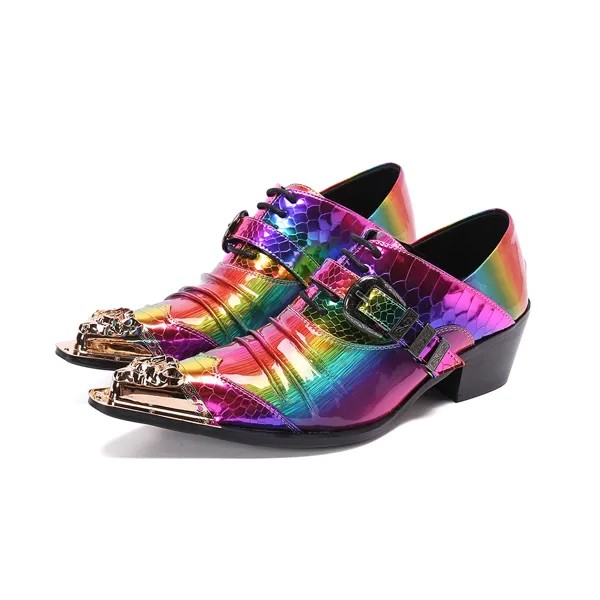 Модный дизайн размера плюс для мужчин Разноцветные лакированные кожаные туфли для торжественного случая с острым носком и металлическими вставками, мужские, на шнуровке, с пряжкой, вечерние туфли-оксфорды Вечерние