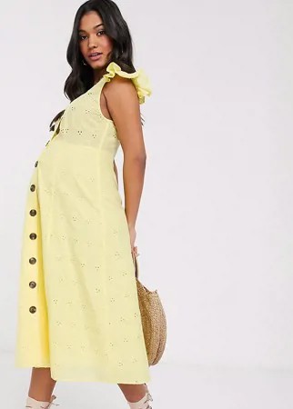 Желтый сарафан миди на пуговицах с вышивкой ришелье ASOS DESIGN Maternity