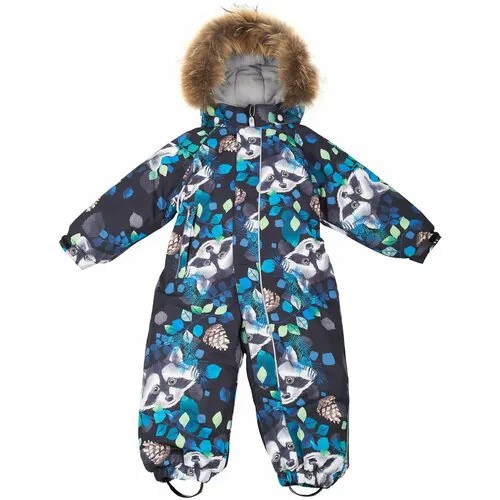 Комбинезон зимний PogoKids PG88161-1 (черный, еноты) для мальчиков, 280г утеплителя + флисовая подкладка для малышей - размер 74