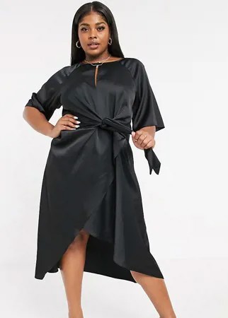 Черное платье-футболка миди с асимметричной завязкой River Island Plus-Черный