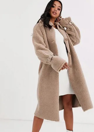 Бежевая шуба из искусственной цигейки с воротом-трубой Missguided Petite-Бежевый
