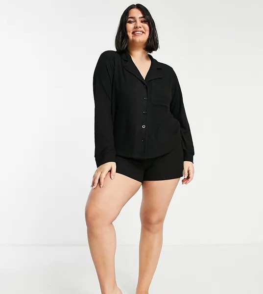 Черная пижама из мягкой ткани в рубчик с рубашкой и шортами ASOS DESIGN Curve-Черный цвет