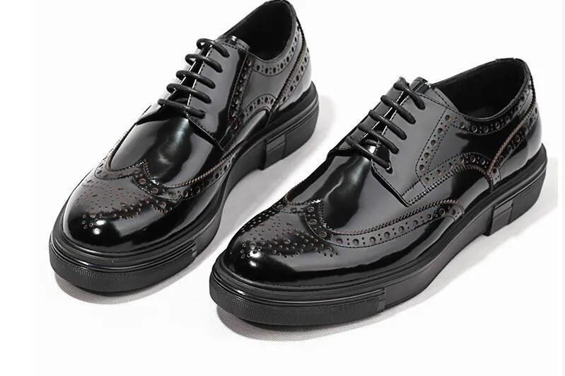 Мужские лакированные кожаные оксфорды, черные повседневные туфли на шнуровке, броги, модная эластичная обувь для улицы