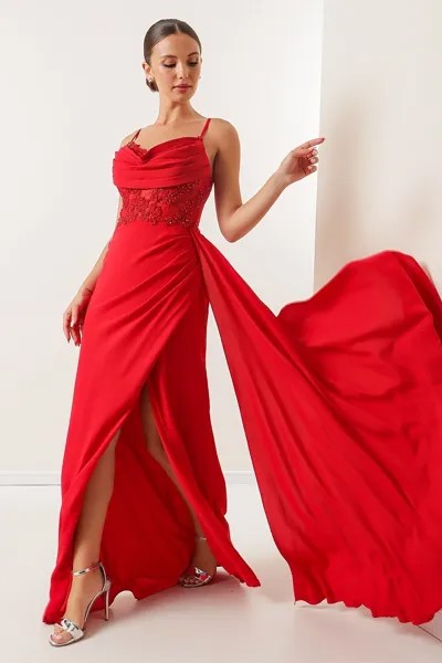 Длинное креповое платье на прозрачной подкладке с вышивкой из бисера на веревке, красное By Saygı, красный