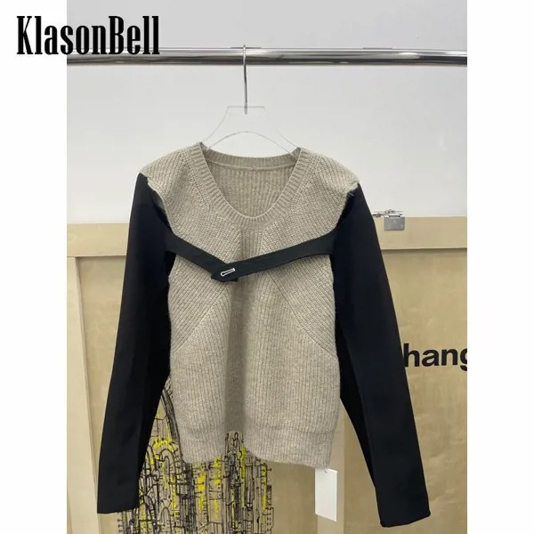10,29 KlasonBell, имитация двух частей, пэчворк, шерстяной вязаный короткий пуловер, свитер для женщин