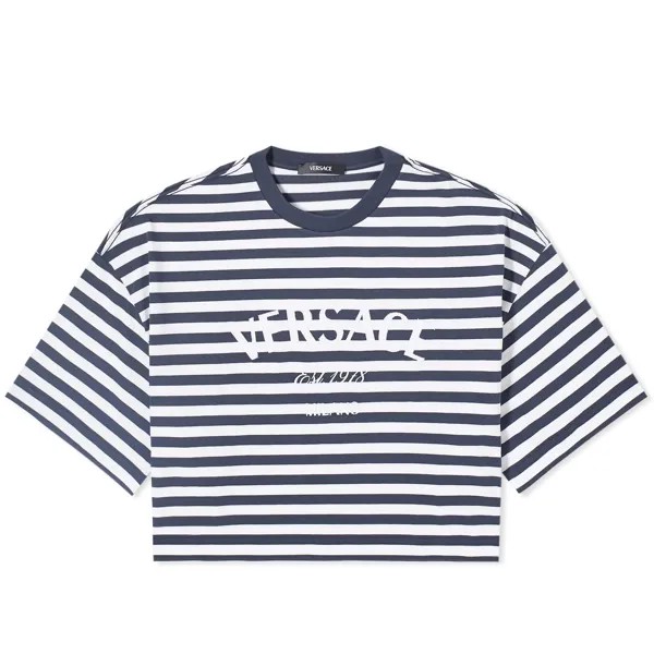 Футболка Versace Crop Stripe Logo, цвет White, Navy & Multi