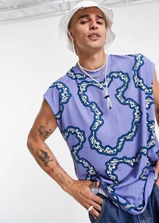 Голубая майка в стиле oversized со сплошным принтом логотипа ASOS Daysocial-Голубой