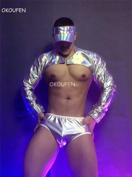 Новые мужские модные серебристые лазерные лакированные кожаные технологии тема будущего костюмы для выступлений для бара ночного клуба вечерние шоу сексуальной сцены