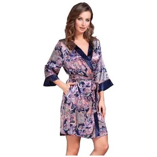 Mia Amore Короткий шелковый халат ETTRO (70% натуральный шелк) (S/M(44-46) / темно-синий)