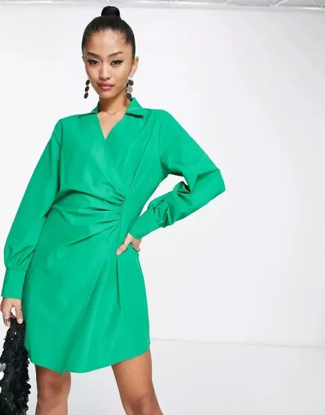 Ярко-зеленое платье-рубашка мини с оборками JDY