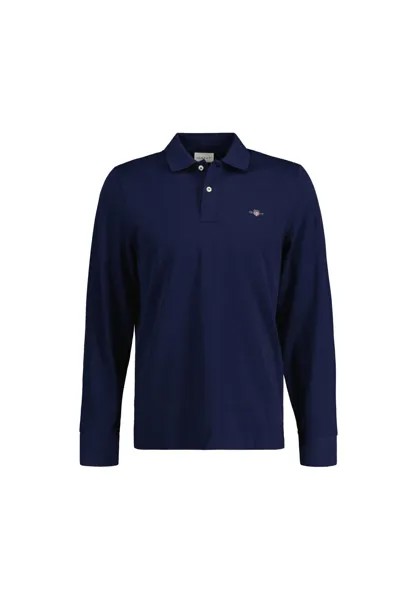 Мужская рубашка-поло - REGULAR SHIELD LONGSLEEVE PIQUE RUGGER, длинный рукав, логотип GANT, синий