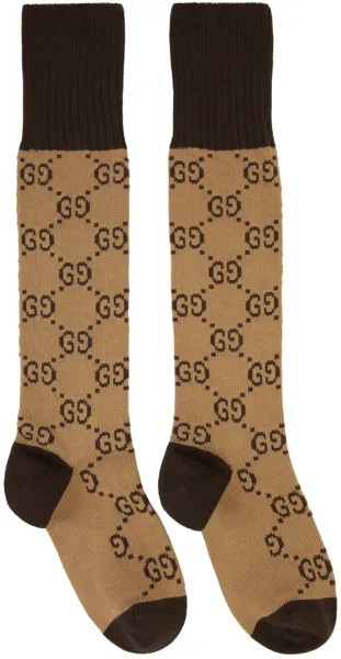 Бежевые и коричневые носки с принтом GG Gucci